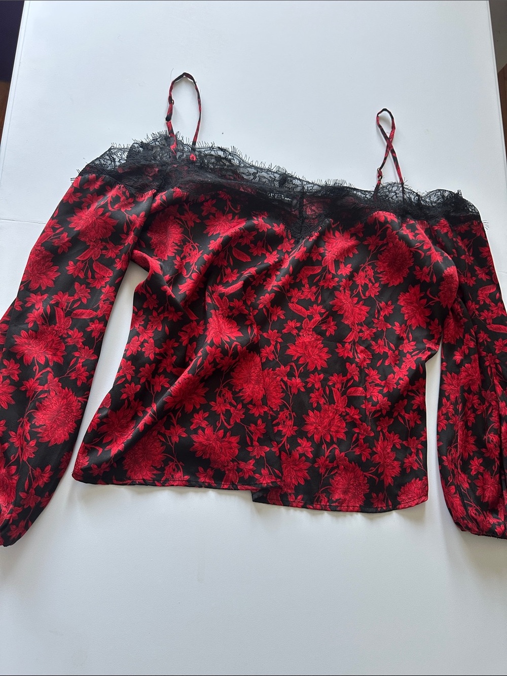 Y—Guess Black Lace Overlay Top with Red Floral Print